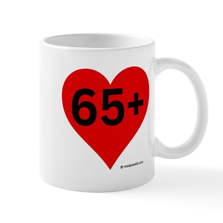 Cafepress coffee mug with our 65+ logo