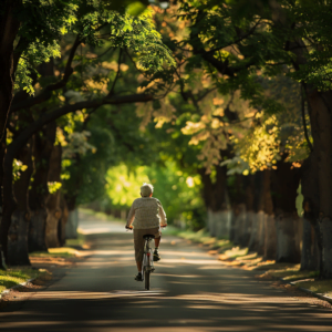 Senior riding a bike down a quiet country tree lined road slow-go-years