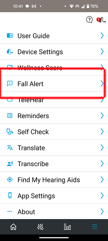 hearing-aid-fall-alert-option Hear aids fall alert and locations tracking menu