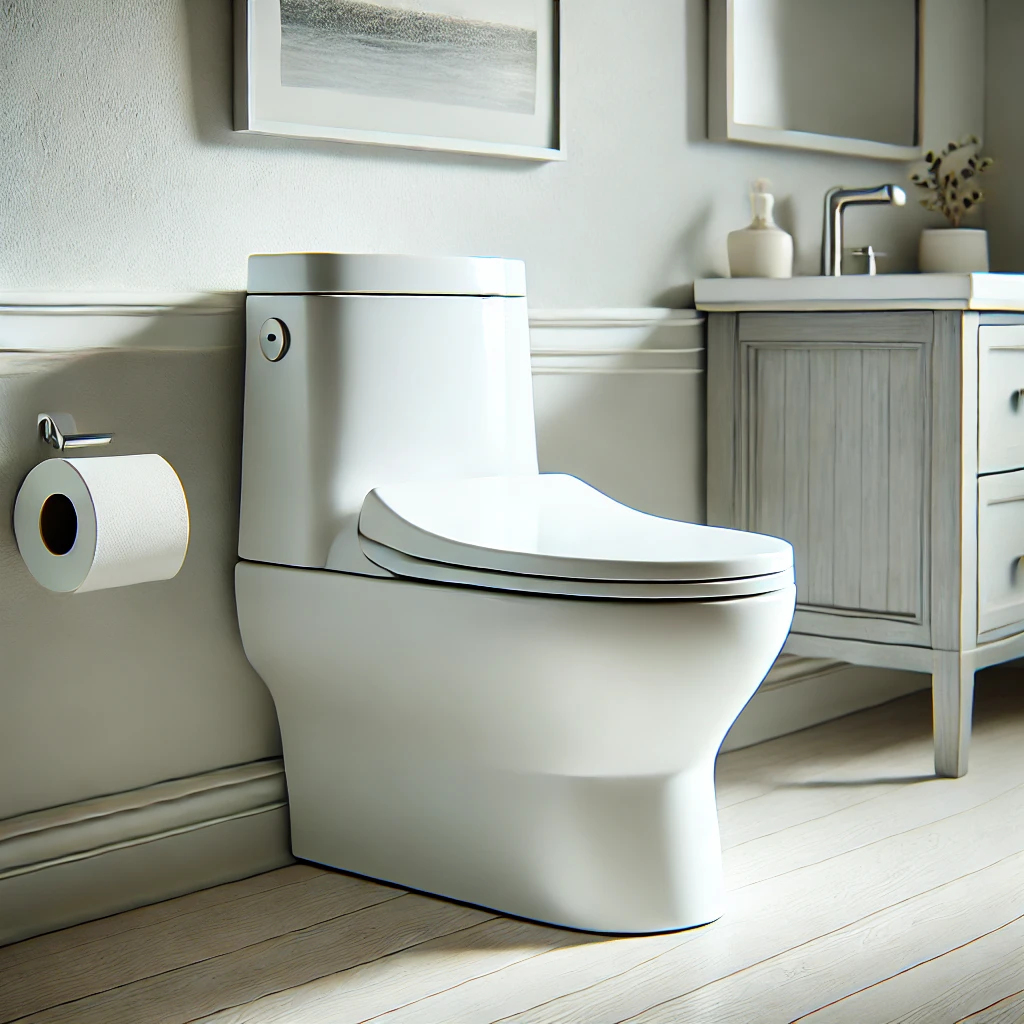 DALL·E 2024-09-10 19.09.44 - A low-flow toilet with a 16.5-inch height from the floor to the top of the seat. The toilet has a sleek, modern design with a white ceramic finish. It image of a low flow water toilet that is ADA high of 16.5 inch from floor to seat.